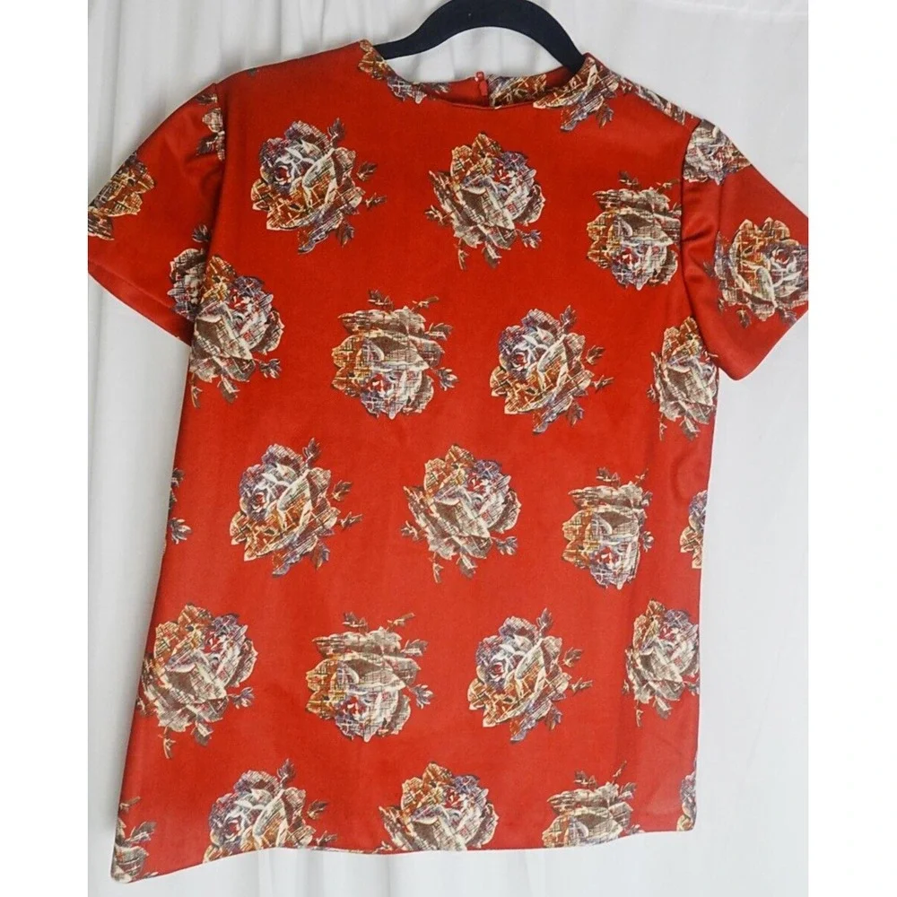 Vintage Womens Boho Blouse Red Top Sz Sm Floral Polyester Short Sleeve‎ Zipper